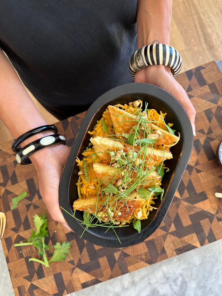 Spicy Peanut Squash Noodles w/ Seared Tempeh and Celery