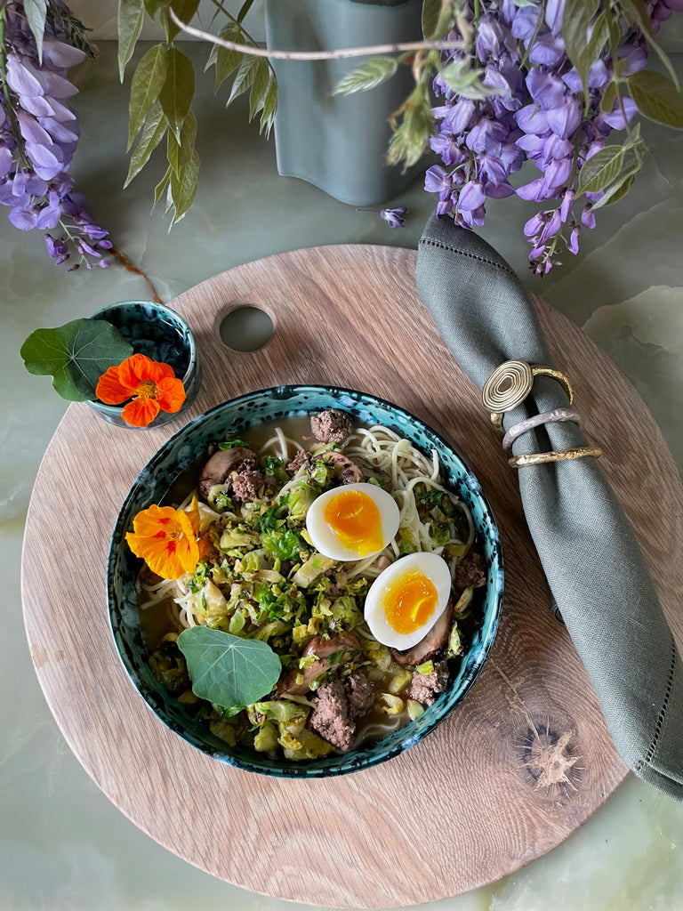 Turkey Ramen with brussels and mushrooms