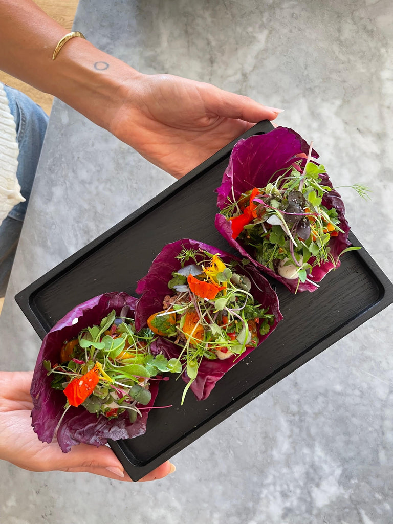 cabbage tacos with black bean walnut "meat"