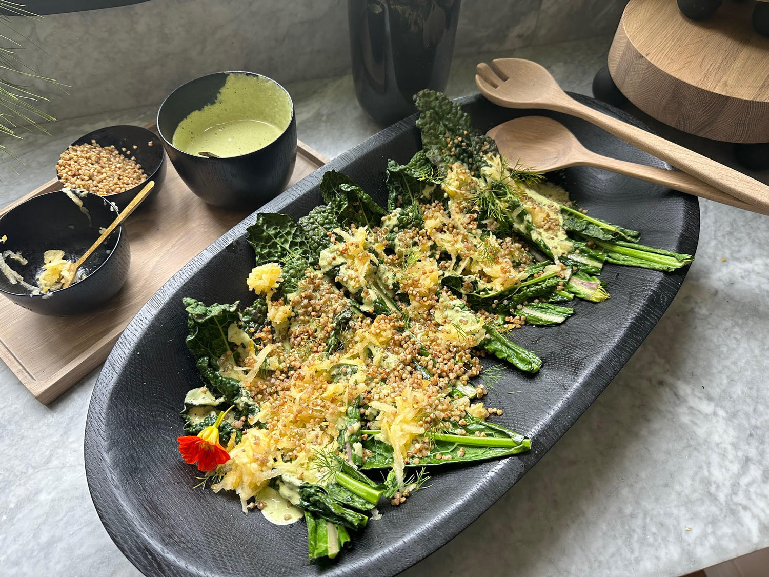 Kale Salad with Green Tahini Dressing & Buckwheat Crispies