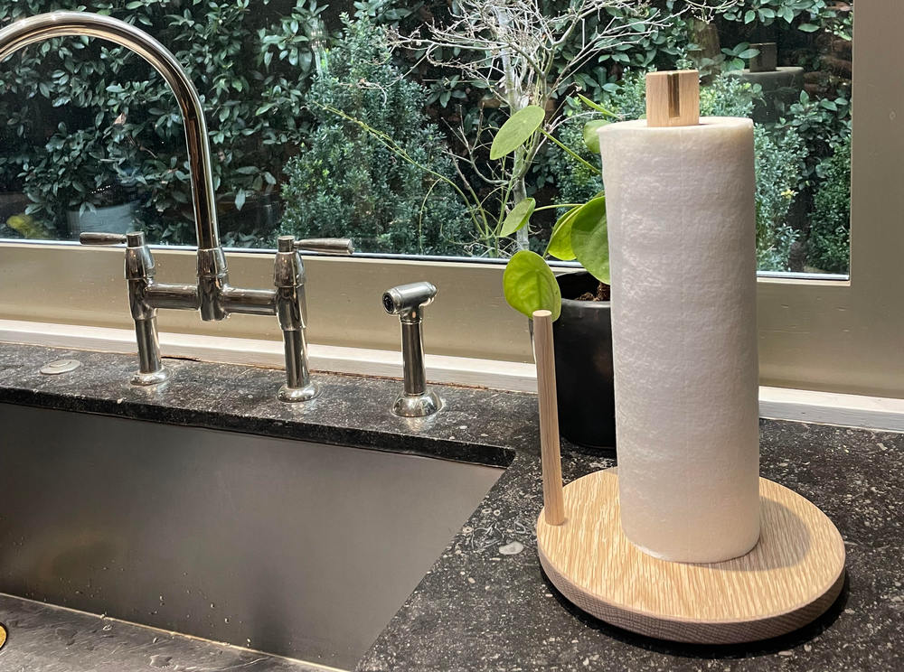 Standing paper towel holder Brown wicker kitchen roll holder